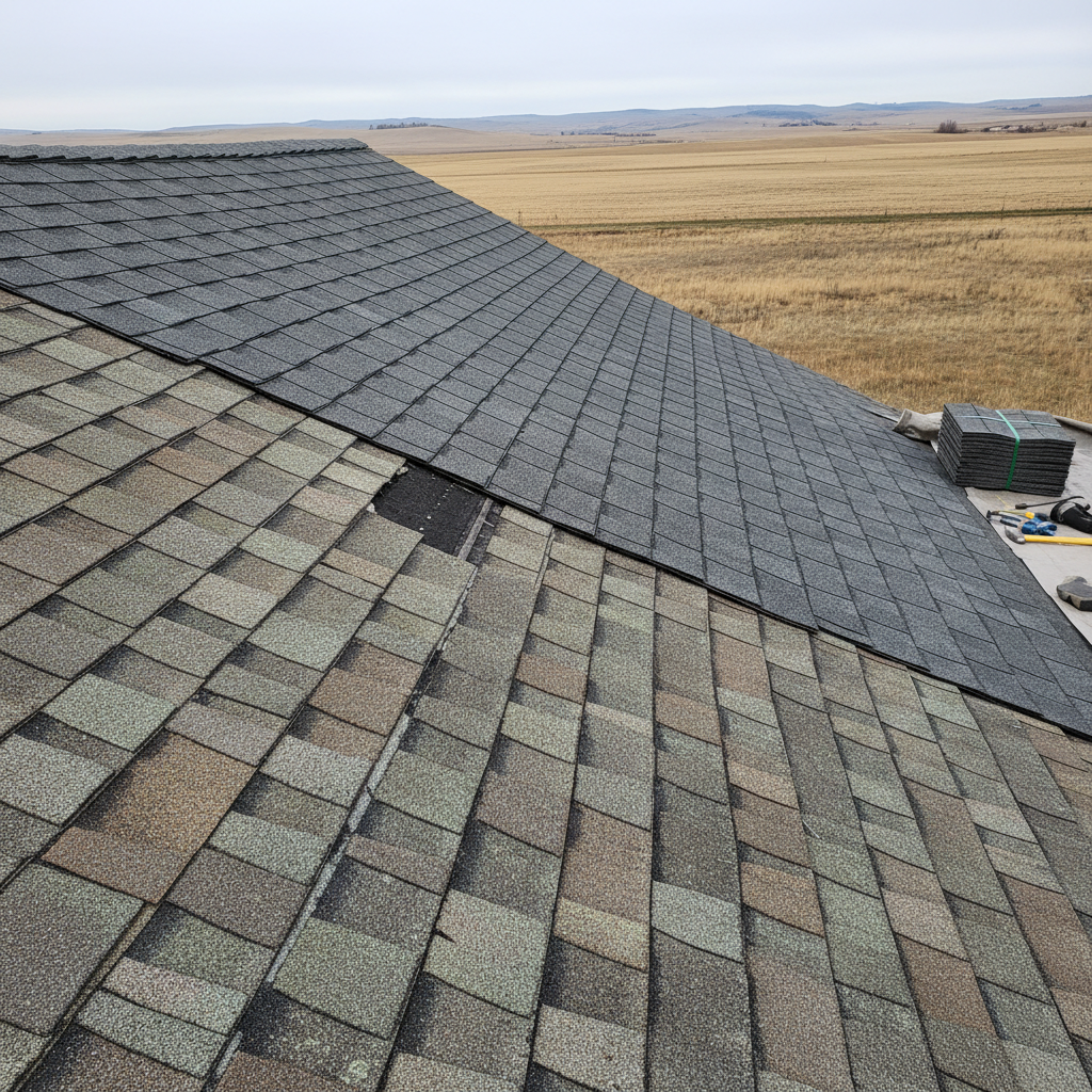 A close-up, photographic view of a weathered asphalt shingle roof on a classic Idaho farmhouse, showing missing shingles, curling edges, and subtle granule loss, contrasted against healthy, newly replaced sections. The roof is surrounded by open fields and distant rolling hills under an overcast sky, with diffused, even lighting that reveals every detail without harsh shadows. A neatly stacked bundle of new shingles and a few neatly arranged tools rest at the roof’s edge, hinting at an in-progress repair. Captured at eye level along the roofline with sharp focus throughout, the composition highlights the contrast between old and new roofing, creating a practical, informative, and slightly urgent mood for homeowners considering repairs or replacement.