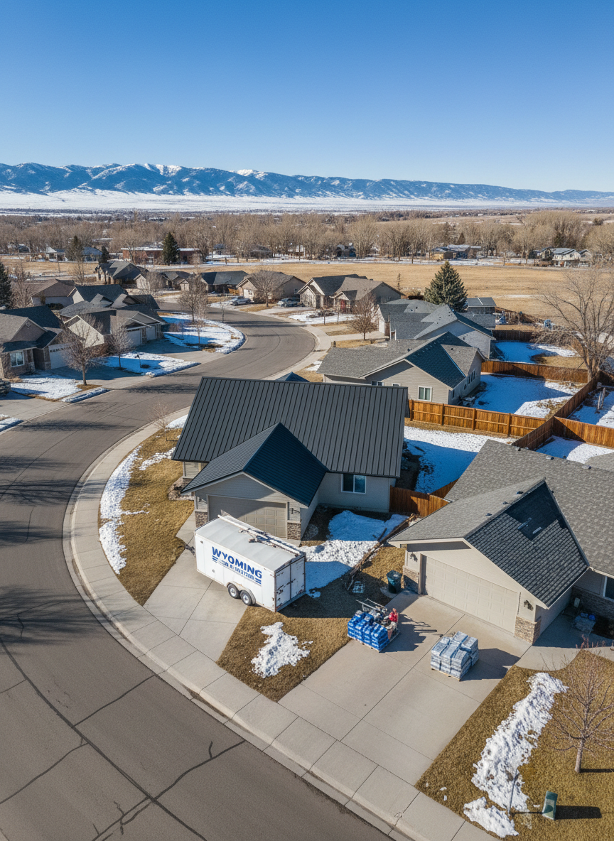 A tidy residential street in a small Wyoming town, photographed from above, showing several varied homes each with distinct roof types: one with a new dark metal roof, another with fresh architectural shingles, and a third mid-replacement with underlayment partially visible. Snow-capped peaks sit on the horizon under a clear blue sky. Late morning natural light creates crisp, realistic contrast and clean shadows. In the driveway of one home, a clearly labeled, generic work trailer and neatly organized roofing materials suggest active professional work without showing any people. The composition uses a wide, cinematic frame with strong depth and clarity, evoking efficiency, coordination, and the idea of a well-managed network connecting homeowners to roofing pros.